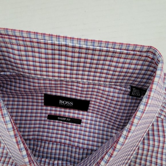 New Hugo Boss Mens Small Check Shirt Button Down Long Sleeve Sharp Fit 15.5 32/3 - Picture 3 of 13
